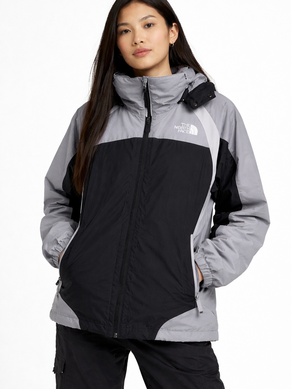 The North Face Hooded Women Windbreaker Jacket Gray Black Gorpcore Hiking